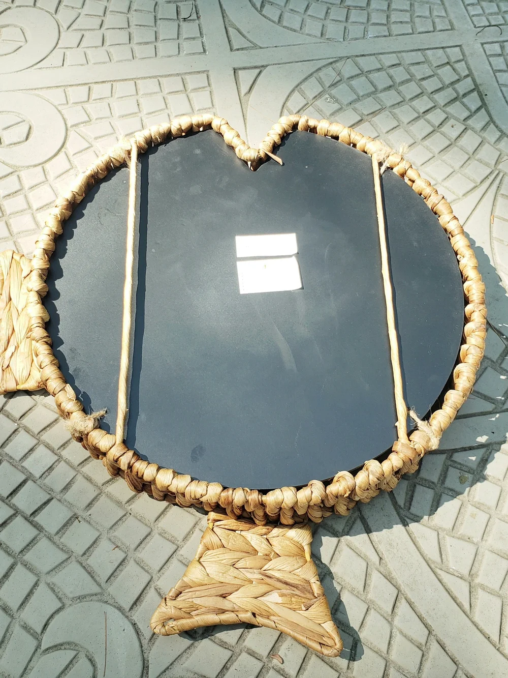Woven Seagrass Round Serving Tray with Blue Mosaic Inlay